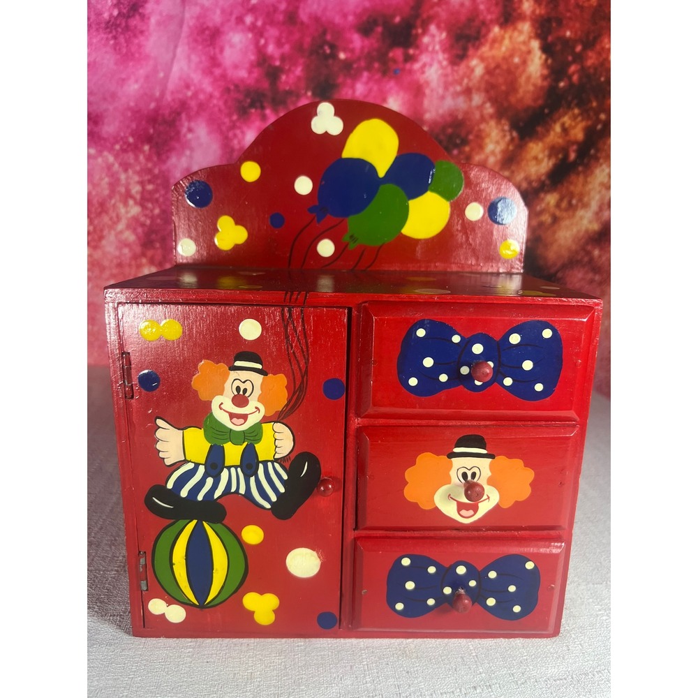 Vintage 1980s Wooden Circus Clown Jewelry Box Red Trinket Chest 3 Drawers